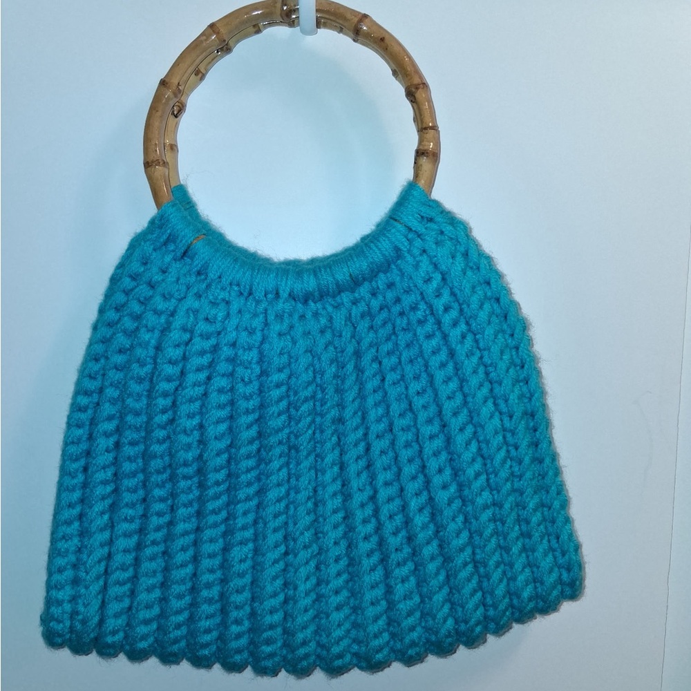 Teal Knit Tote with Bamboo Handles